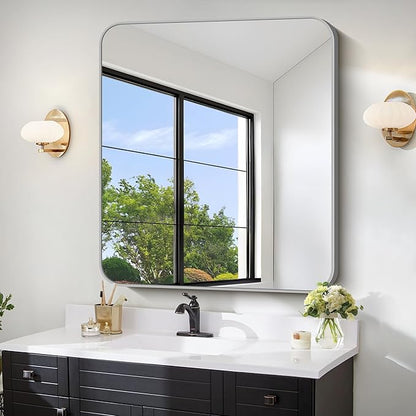 FORBATH 30x30 Inch Silver Bathroom Mirror for Over Sink, Large Square Wall Mirror with Metal Frame, Rounded Corners for Bathroom, Bedroom, Entryway Decor (Horizontal or Vertical)