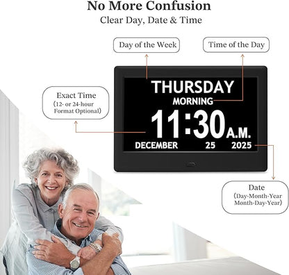 7'' Dementia Clock For Seniors, Large Display Digital Clock With Date, Time, Day Of Week for Elderly, Memory Loss, Alzheimer, 1024*600P HD, 10 Reminders & 6 Alarms, Auto Dimming & DST, Remote Control