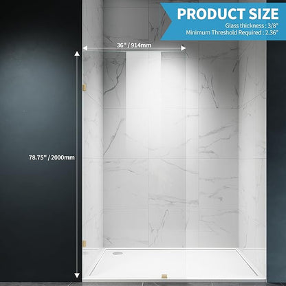 Shower Glass Panel, 36" W x 78.75" H Fixed Shower Screen Panel with 3/8"(10mm) SGCC Clear Tempered Glass, Frameless Walk in Shower Door for Bathroom (Bright Gold, 36" W x 78.75" H)