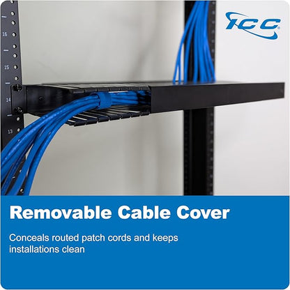 ICC 1U Finger Duct Cable Manager Panel with Cover, Plastic with Metal Back Frame, 5" Depth, Horizontal Cable Management, Rackmount for 19” Network Racks, Black, Single Pack