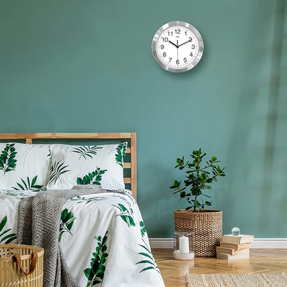 HITO 10 Inch Silent Wall Clock Battery Operated Non Ticking Glass Cover Silver Aluminum Frame, for Kitchen, Bedroom, Home Office, Living Room Decor