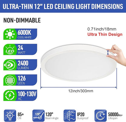 SunRider LED Flush Mount Ceiling Light Fixture, 6000K Cool White, 2400LM, 12 Inch 24W Modern Round Flat Lights, 240W Equiv. Panel Lamp, Non-Dimmable