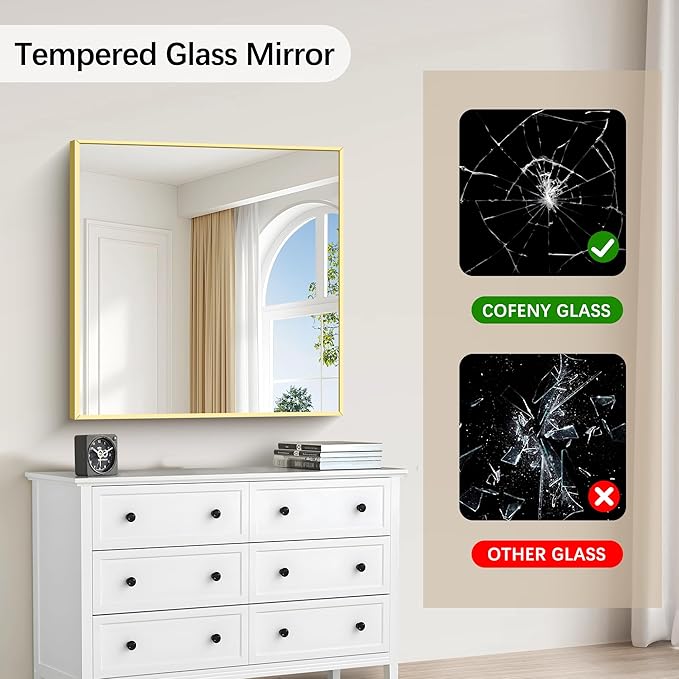 Gold Bathroom Mirror for Wall, 30x30 Inch Rectangle Mirrors with Metal Frame, Modern Vanity Wall Mirror Decor for Bathroom Living Room, Entryway Hangs Horizontal or Vertical