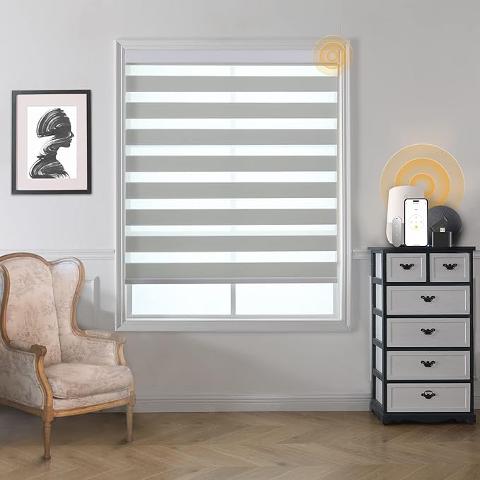 MUSCLEAREA Motorized Blinds with Remote, Cordless Automatic Zebra Shades, Smart Blind for Windows, Grey, 30 x 72