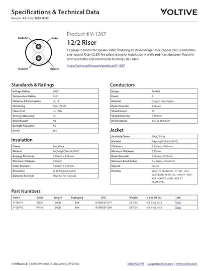 Voltive 12/2 Speaker Wire, Riser CL3R, Black, 500ft - 12AWG, 2 Conductors, Stranded Oxygen-Free Copper, UL Listed - V-1267-1