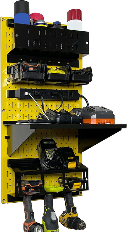 Wall Control Power Tool Storage Organizer Kit Cordless Drill Holder Charging Station Rack 16” x 32” Metal Pegboard Organization System (Yellow Pegboard)