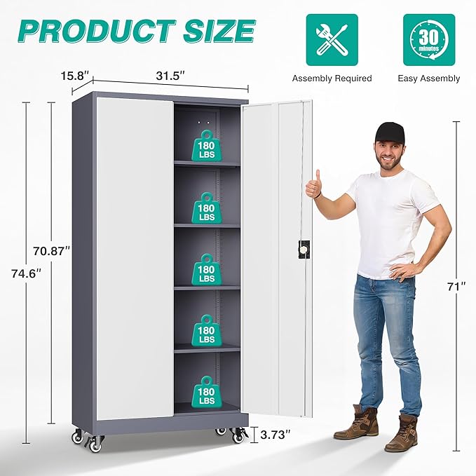75" Tall Metal Storage Cabinet with Wheels,Rolling Garage Storage Cabinet with Lock,Gray White Metal Cabinets with Wheels and Shelves,Locking Tool Cabinets on Wheel for Garage,Home,Office,Shop