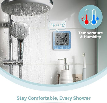KADAMS Shower Clock Waterproof Bathroom Timer – Digital Wall Clock with Countdown, Magnetic Kitchen Clock with Temperature & Humidity, Suction Cup for Kids Shower Spa Sauna Cook Bath, Blue