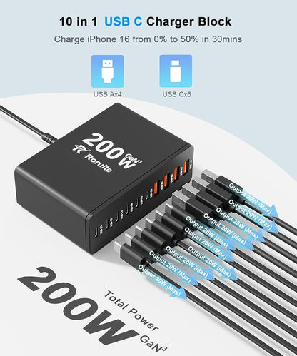USB C Charging Station 10 Port with 4 USB Cables, 200W GaN Type C Charger Block, Wall Charger Power Strip Adapter Plug for iPad iPhone17 16 15 14 13 12 Pro Max Pixel Note Galaxy