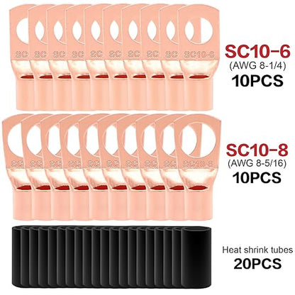 8 Gauge Wire (25ft Each - Red/Black) Copper Clad Aluminum CCA - Primary Automotive Wire,Car Amplifier Power & Ground Cable, 20PCS Lugs Terminal Connectors,20PCS 2:1 Heat Shrink Tubing