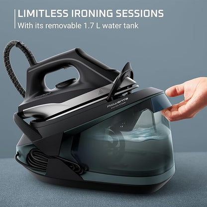 Rowenta Iron Steamer for Clothes Master Steam Station, Professional Steam Iron for Clothes with Stainless Steel Soleplate, 57 Oz, 400 Microsteam Holes, Built-In Pump, 1750 Watts, Black/Green, VR8338