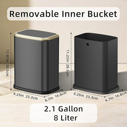 8L/2.1 Gal Small Bathroom Trash Can with Lid, Swing-Top Rectangular Waste Bin, Stainless Steel Garbage Can for Home, Office, Toilet, Bedroom, Living Room (Titanium Black)