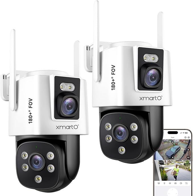 xmartO [Dual-CAM 180+° FOV] 6MP 2-in-1 WiFi Home Security Camera with AI Tracking, Pan Tilt Zoom, 5G Dual Band, Bluetooth Easy Setup (Standalone & Groupable CAM, 2-Pack)