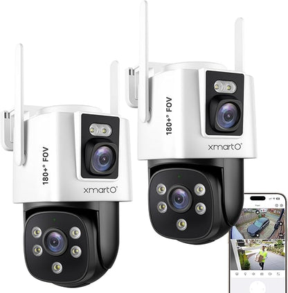 xmartO [Dual-CAM 180+° FOV] 6MP 2-in-1 WiFi Home Security Camera with AI Tracking, Pan Tilt Zoom, 5G Dual Band, Bluetooth Easy Setup (Standalone & Groupable CAM, 2-Pack)