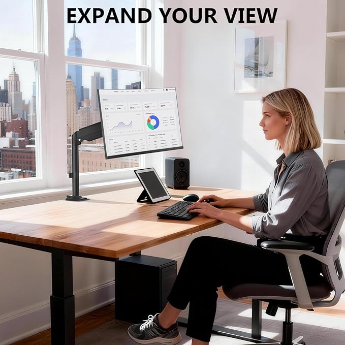WALI Single Monitor Arm Desk Mount for 13-32 Inch Screens, Premium Gas Spring Monitor Stand with Full Motion Tilt, Swivel, Rotation, Holds up to 19.8 lbs, C-Clamp Mount for VESA 75/100mm (GSDM001S)