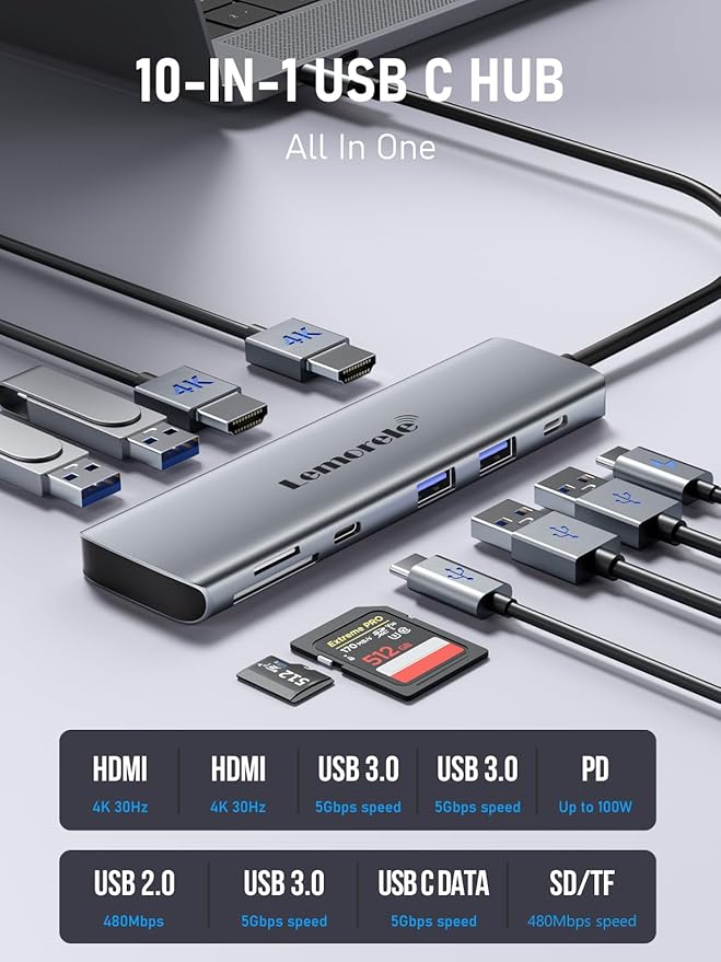 USB C Docking Station Dual Monitor, 10 in 1 USB C Hub with 2 HDMI Ports, PD Charging, SD/TF, 5 USB C/A Ports, Dual HDMI Adapter for Dell XPS/HP/Lenovo/Surface