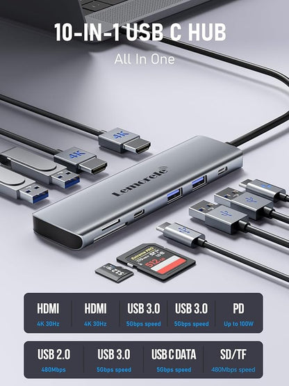 USB C Docking Station Dual Monitor, 10 in 1 USB C Hub with 2 HDMI Ports, PD Charging, SD/TF, 5 USB C/A Ports, Dual HDMI Adapter for Dell XPS/HP/Lenovo/Surface