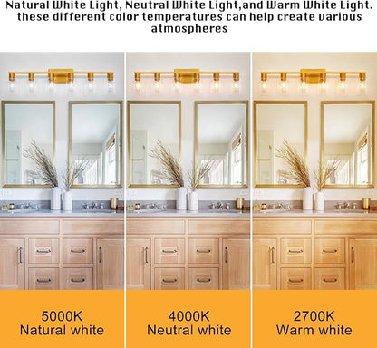 6 Light Bathroom Light Fixtures, Large Gold Bathroom Vanity Light with Clear Glass Shade, Brushed Brass Gold Bathroom Lighting Fixtures Over Mirror, Modern Wall Scones for Bedroom Living Room