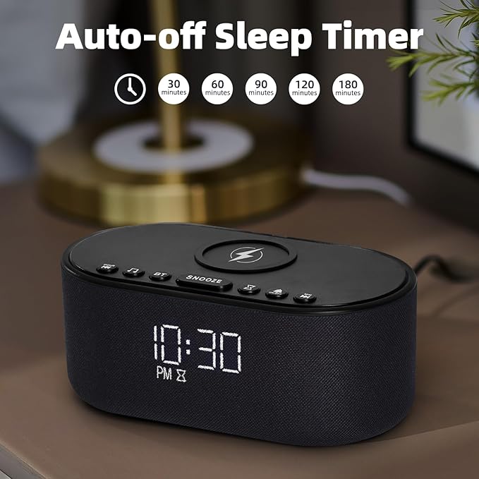 Sound Machine Alarm Clock for Bedrooms: Bluetooth 10W Stereo Sound Speaker with Wireless Charging - White Noise Machine for Sleeping with 21 Soothing Sounds - Black