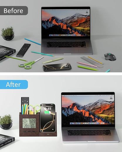 Multifunctional Pen Holder and Organizer for Desk with Wireless Charger, Digital Indoor Thermometer and Humidity Gauge, Home Office Organizers and Storage (Battery Included)