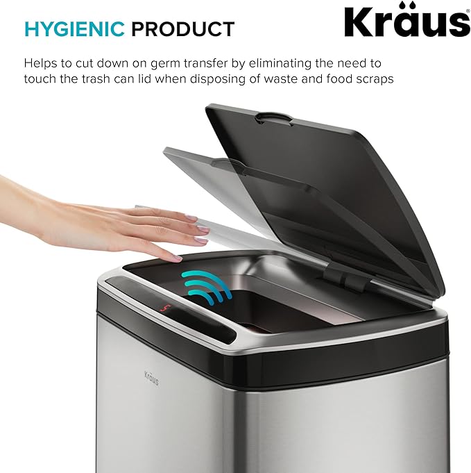 Kraus GarbagePro Rectangular 13 Gallon Hands-Free Motion Sensor Trash Can Battery Operated in Matte Black Finish with SoftShut Touchless Lid, KTCS-10MB