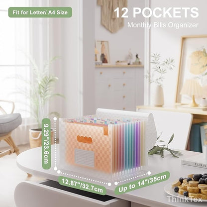 ThinkTex Accordion File Organizer, 12 - Pocket Expanding File Folders for Paper Receipts, Bills&Taxes Organizer, Letter/A4 Size Document Holder for School, Office, Home with Colorful tabs-Orange