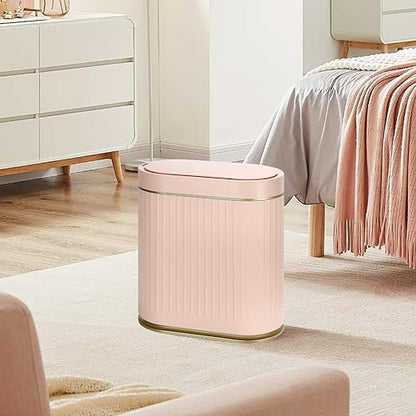 Bathroom Sensor Trash Can with Lid Automatic 2 Gallon Motion Sensor Garbage Bin, 7.5 Liter Slim Waterproof Plastic Wastebasket, Bathroom Decor for Bedroom, Office, Living Room, Pink