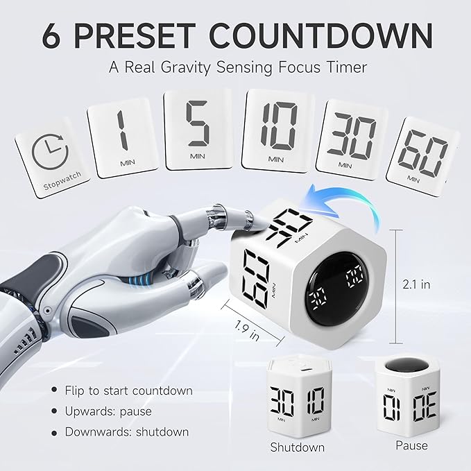 Productivity Timer 1, 5, 10, 30, 60 Minutes Preset, Desk Cube Timer with Gravity Sensor/Mute/Vibration for ADHD, Work, Study, Kitchen, Back to School (1, White)