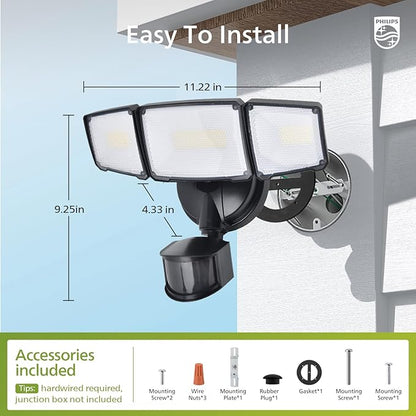Philips 72W 7400LM LED Security Lights w/PIR Motion Sensor Outdoor, 5000K Daylight Dusk to Dawn Aluminum Flood Light, 3 Adjustable Heads, Waterproof for Garage, Yard, Porch