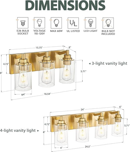 METWET 3-Light Bathroom Light Fixtures, Brushed Gold Vanity Light with Cylinder Clear Glass Shade, Modern Vanity Lighting Fixtures Over Mirror, VL143-BG-3