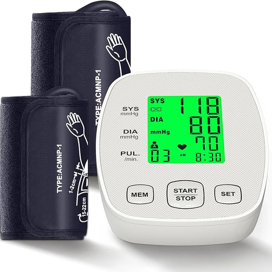 Arm Blood Pressure Monitor with 2 Cuffs, Pediatric Blood Pressure Cuff 6"-9"，Medium/Large Cuff 9"-16.5"， Includes 4 AAA Batteries