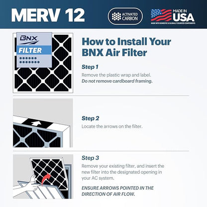BNX TruFilter 18x18x1 MERV 12 Odor Defense (2-Pack) AC Furnace Air Filter with Activated Carbon - MADE IN USA - Pleated Air Conditioner HVAC AC Furnace Filters - Removes Odor, Mold, Bacteria, Smoke