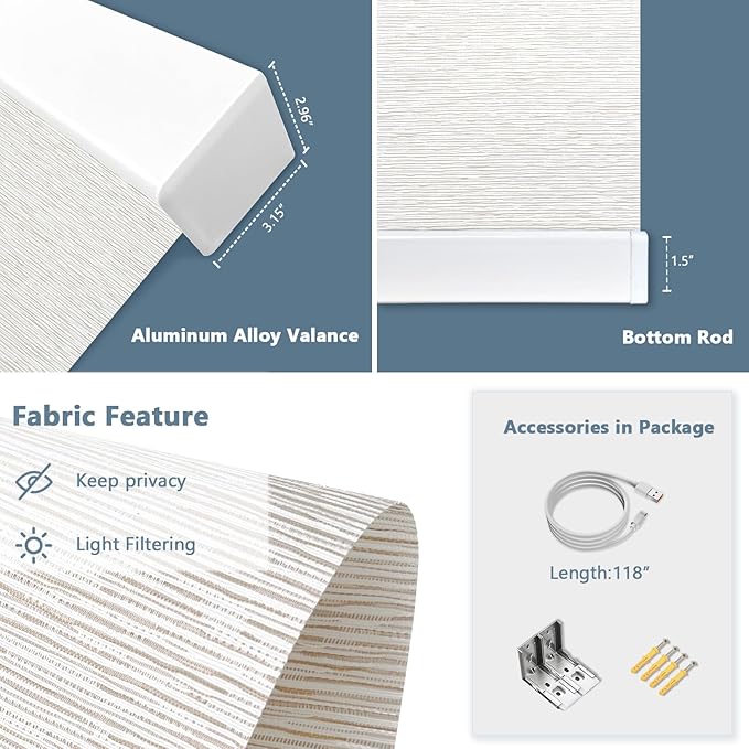 COOLWINDS Motorized Blinds with Remote Cordless Automatic Motorized Shades Custom Blinds for Windows Smart Curtains Compatible with Alexa Google Home(Light Filtering Jacquard Beige,W49 x H72in)