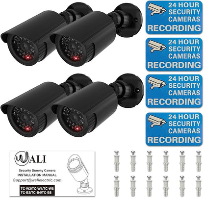 WALI Dummy Fake Simulated Surveillance Security CCTV Dome Camera Indoor Outdoor with One LED Light, Warning Security Alert Sticker Decal (TC-B4), 4 Packs, Black