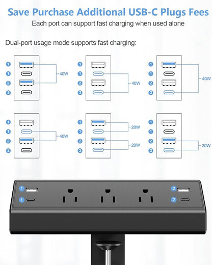 Jgstkcity Desk Clamp Power Strip,40W Total Fast Charging Station,2 PD 20W USB C Ports,Desk Edge Mount Surge Protector for Home, Office,3 Outlets,Fit 1.96" Tabletop Edge,ETL Listed