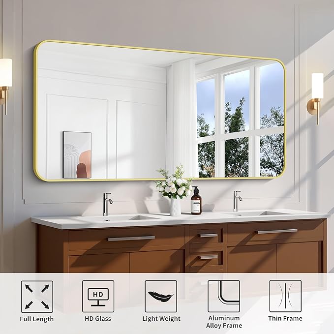 FORBATH 30x60 Inch Gold Bathroom Mirror for Over Sink, Large Rectangular Wall Mirror with Metal Frame, Rounded Corners for Bathroom, Bedroom, Entryway Decor (Horizontal or Vertical)