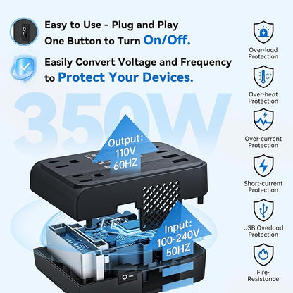 DOACE 220V to 110V Converter 350W Voltage Converter US to Europe for Hair Straightener/Curling Iron Converter for European Travel with 4-Port USB Charging and UK/AU/US/EU Worldwide Plug Adapter