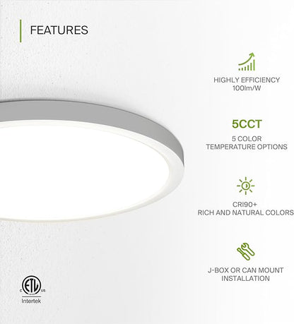 ASD LED 12" Round Flush Mount Ceiling Light Fixture, Low Profile Surface Lighting | 5CCT, Dimmable, Ultra-Thin, ETL Listed | 24W 2000LM 2700-6000K 100-277V | Kitchen, Hallway Lamp | White, 4 Pack