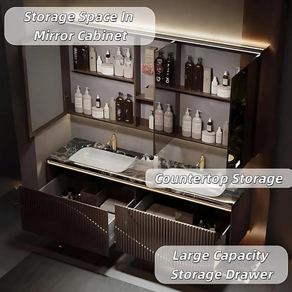 Double Sink Bathroom Vanity - Bathroom Vanities with Tops & Smart Defogging LED Lamp | Innovative Door Panel Design with Concealed Handle, Metal Faucet (Brown, 64IN)