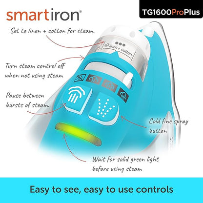 oliso TG1600 ProPlus Smart Iron with Auto-Lift – 1800 Watt Steam Iron for Clothes, Sewing, Quilting & Crafting – Diamond Ceramic-Flow Soleplate, Turquoise