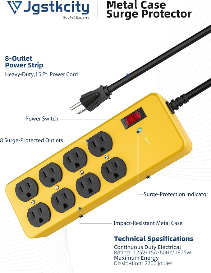 Heavy Duty Power Strip,Industrial Heavy Metal Case Surge Protector,8 AC Outlets,15Amp,2700 Joules,Protected' Indicator,14 Gauge Cord (Yellow, 15FT Length)