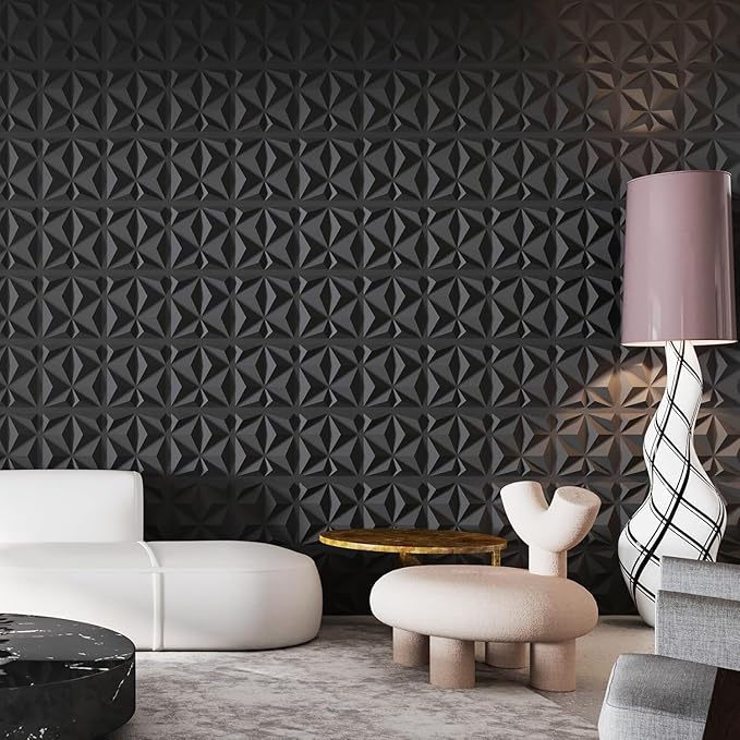 Art3d 20 Pack Decorative 3D Wall Panels, 19 Sq.Feet PVC Interior Wall Décor for TV Background, Bedroom, Living Room, 11.8"x11.8", Black