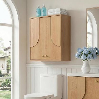 Arched Wood Medicine Cabinet for Bathroom-Mid Century Modern Wall Storage Cabinet-Wall Mounted Over The Toilet Organizer with Hanging Rail for Powder Room, Entryway