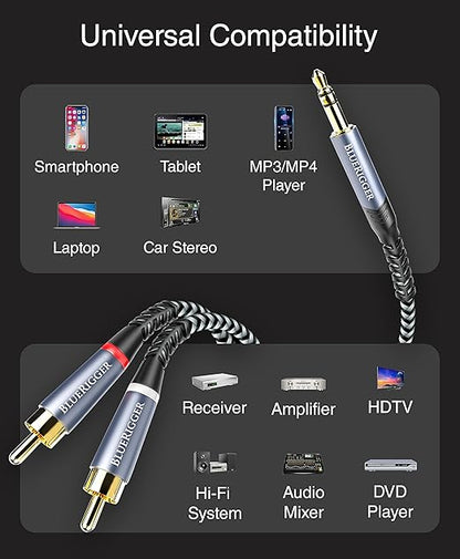 BlueRigger 3.5mm to RCA Audio Cable (6FT, RCA Male to Aux Audio, Braided, Headphone Jack Adapter, Metal Shell) - for Phones, Amplifiers, Tablets, Home Theater, Speakers, HDTV