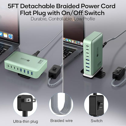 8-Port Multiple Charger Station 200W with Flat Plug, Braided Power Cord, and On/Off Switch- USB Charging Hub for iPhone, iPad, MacBook and More- 65W C Port Power Adapter for Laptops