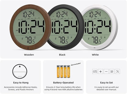 Digital Wall Clock with Date, Indoor Temperature, Auto-DST, Battery-Operated Digital Clock, 8 Inch Small Decorative Wall Clock for Bedroom, Living Room, Home, Kitchen, Office, Modern, Electric, Simple