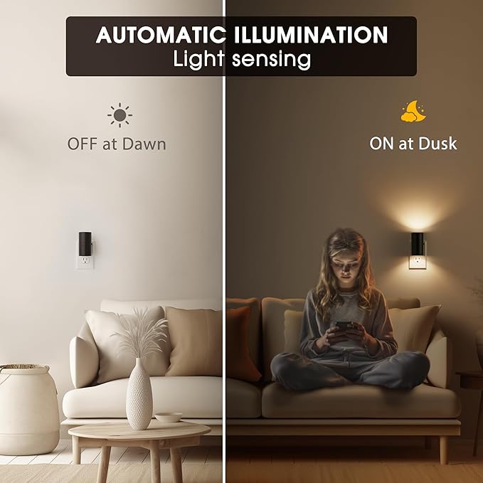 Briignite Night Lights Plug into Wall, Modern LED Night Light Plug in, Dusk to Dawn Sensor, Soft White 3000K, 0-100LM Adjustable Brightness, Dimmable NightLight for Hallway, Bedroom, Stairway, 2 Pack