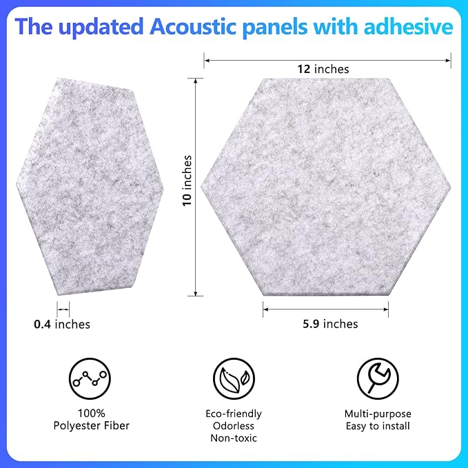 18 Pack Hexagon Acoustic Panels, 12" X 10" X 0.4" High Density Sound Absorbing Panels Soundproof Wall Panels For Home Sound proof Insulation Beveled Edge Studio Treatment Tiles (Gray)