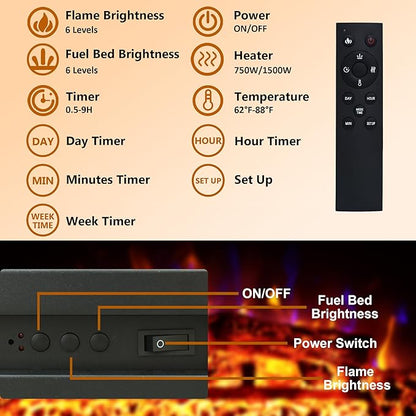 23.6 Inch Electric Fireplace Insert, Recessed Electric Fireplace Heater with Adjustable Brightness, Weekly Timer, Remote Control, Overheat Protection, 750/1500W
