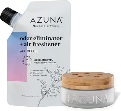 Azuna Air Freshener & Odor Eliminator for Strong Odor | 1 Room Kit Includes (1) Empty Luxe Glass Jar & 8oz Refill with Tea Tree Essential Oil Gel | Aromatherapy | Last 60-90 Days